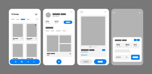 UI elements for mobile app concept. Use for social media, online store, hotel reservation. Wireframes screens. Flowchart.