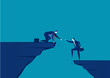 businessman helping hands hanging cliff help concept together. vector illustrator