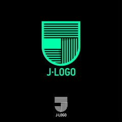 Wall Mural - J monogram. J logo on a green shield. Letter J consist of some strips, isolated on a black background. J monogram. Network, web, logistic icon. 