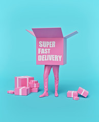 Poster - super Fast delivery of packages concept. pink boxes on blue background. minimal style. 3d rendering