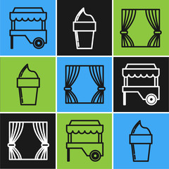 Sticker - Set line Fast street food cart with awning, Curtain and Ice cream in waffle cone icon. Vector