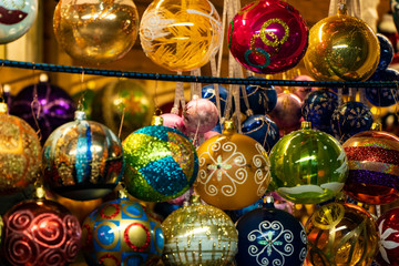 Close-up Christmas ballss on a Christmas market