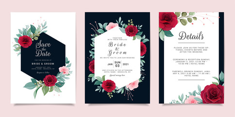Set of card with flowers. Blue pantone wedding invitation template set with floral frame. Peach roses and leaves botanic illustration for background, save the date, greeting, poster, cover vector