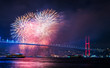 © resul - ISTANBUL, TURKEY. New Year 2020 Celebrations Around the Istanbul. Fireworks with Istanbul Bosphorus Bridge (15th July Martyrs Bridge). .