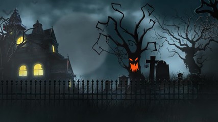 Wall Mural - haunted house with tombstones and animated tree 4k loop features a landscape with a haunted house an