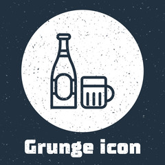 Poster - Grunge line Beer bottle and glass icon isolated on grey background. Alcohol Drink symbol. Monochrome vintage drawing. Vector Illustration