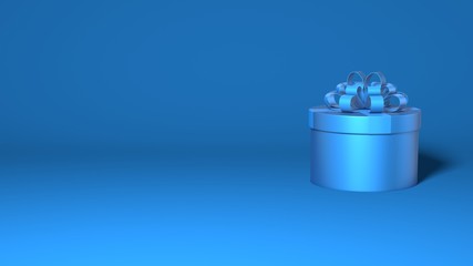 Poster - Round gift box with a bow. Concept minimal scene present, surprise. Stylish minimal abstract horizontal scene, place for text. Trendy classic blue color. 3D rendering