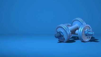 Poster - Two metal dumbbells. Equipment for sports, fitness. Stylish minimal abstract horizontal scene, place for text. Trendy classic blue color. 3D rendering