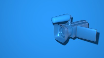 Poster - Professional cartoon video camera, toy style. Stylish minimal abstract horizontal scene, place for text. Trendy classic blue color. 3D rendering
