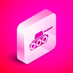 Isometric Military tank icon isolated on pink background. Silver square button. Vector Illustration