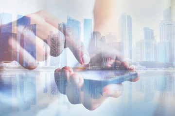 internet communication technology double exposure, hands using smartphone