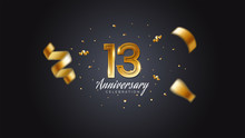 13th Anniversary Celebration Gold Numbers With Dotted Halftone, Shadow And Sparkling Confetti. Modern Elegant Design With Black Background. For Wedding Party Event Decoration. Editable Vector EPS 10