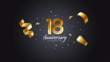 18th Anniversary Celebration Gold Numbers With Dotted Halftone, Shadow And Sparkling Confetti. Modern Elegant Design With Black Background. For Wedding Party Event Decoration. Editable Vector EPS 10