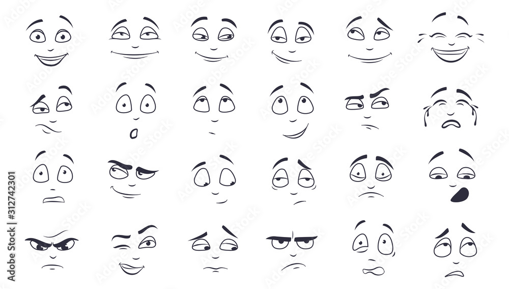 Facial expression flat vector illustration set. Happy, laughing, pensive, unhappy, tired, angry, crying monochrome cartoon face. Emotions concept - obrazy, fototapety, plakaty 