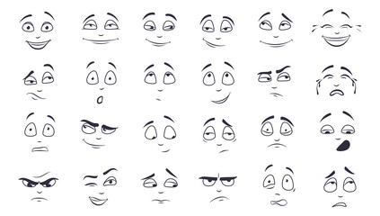 facial expression flat vector illustration set. happy, laughing, pensive, unhappy, tired, angry, cry