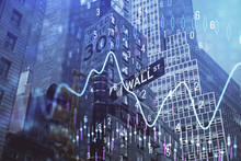 Forex Chart On Cityscape With Tall Buildings Background Multi Exposure. Financial Research Concept.