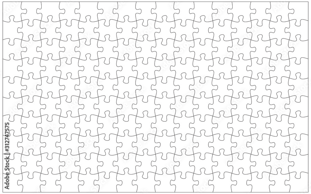 144 jigsaw pieces template. 16 x 9 puzzle pieces connected together. - obrazy, fototapety, plakaty 