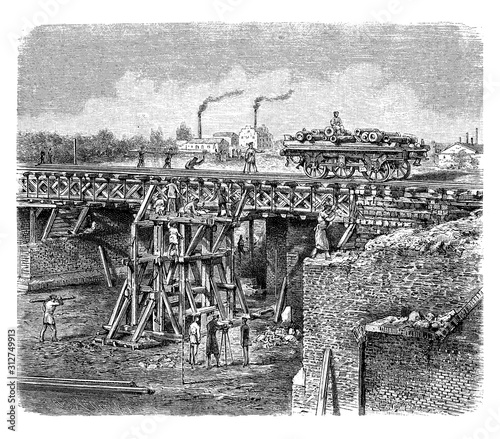 Fotografía Prussion regiment build a railroad bridge during the Franco Prussian War, 19th