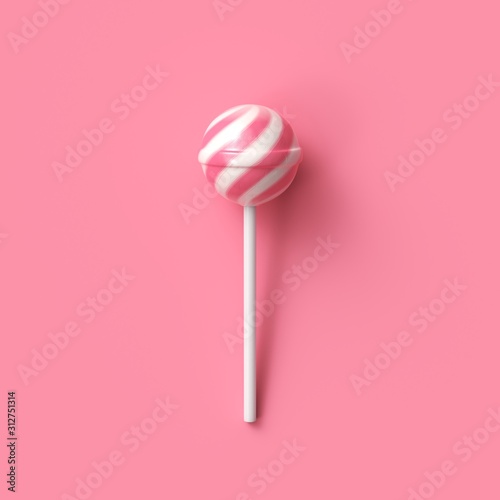 Photographie Striped fruit pink and white lollipop on stick on pink background