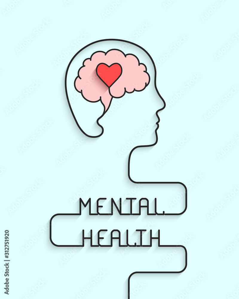 Mental health concept with head, brain and heart silhouette Stock ...