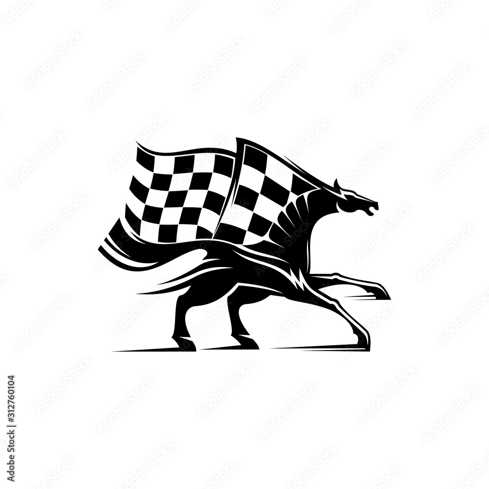 Racing sport mascot isolated horse and checkered flag. Vector equestrian races, monochrome mustang stallion - obrazy, fototapety, plakaty 