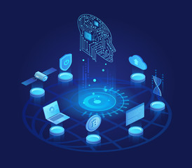Aufkleber - Artificial intelligence dark isometric vector illustration. Digital technology and robotic mind. Computer science. Cyberspace networking. Machine learning. AI cartoon conceptual design element