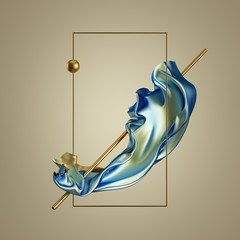Wall Mural - 3d render. Modern minimal abstract background. Gold blue folded drapery falling, flying silky cloth, waving textile curtain, metallic fabric, holographic foil. Isolated objects, blank golden frame