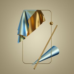 Wall Mural - 3d render. Modern minimal abstract background. Gold blue folded drapery, textile cloth, metallic fabric, holographic foil, geometrical primitive shapes. Isolated objects, golden frame, copy space.