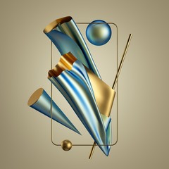 Wall Mural - 3d render. Modern minimal abstract background. Gold blue folded drapery falling, textile cloth, metallic fabric, holographic foil, geometric primitives. Fashion concept. Isolated objects, golden frame