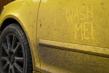 Write The Words Inscription Text Wash Me On The Very Dirty Surface Of The Car. Concept Car Wash.
