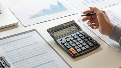Poster - businessman working calculate data document graph chart report marketing research development planni