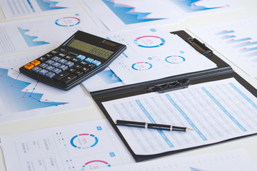 Poster - businessman working calculate data document graph chart report marketing research development planni