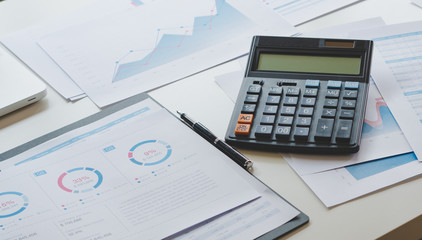 Poster - businessman working calculate data document graph chart report marketing research development planni