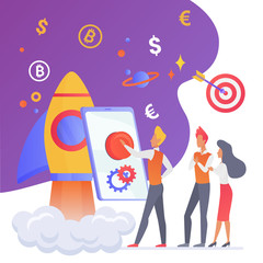 Poster - Start up flat vector illustration. Team cooperation on new project. Cryptocurrency and finance. Starting company. Enterpreneurship. Rocket launching. Corporate employees cartoon characters