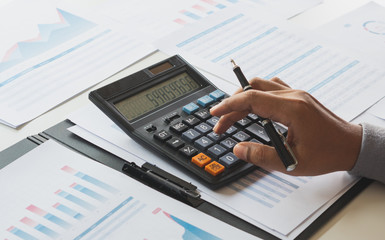 Poster - businessman working calculate data document graph chart report marketing research development planni