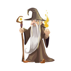 Wizard icon, Halloween character isolated vector. Elderly man with scepter and flame