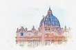 Watercolor drawing picture of Street view at Saint Peter's Square in Vatican Rome, Italy.