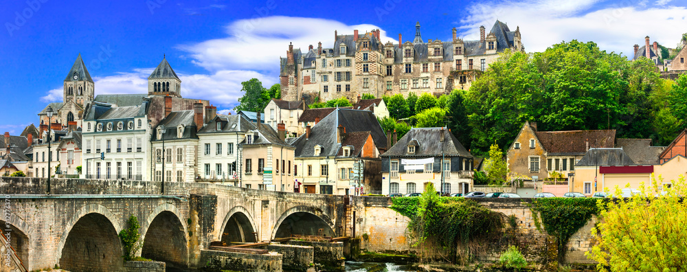 Travel and landmarks of  France- pictorial medieval town Saint-Aignan,  Loire valley region - obrazy, fototapety, plakaty 