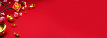 Chinese New Year Decorations With Red Background With Assorted Festival Decorations. Panoramic/banner Format. Chinese Characters Means Abundant Of Wealth, Prosperity And Luck.