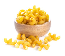Macaroni In Wooden Bowl On White Background