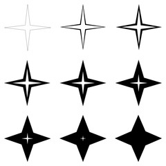 Poster - set stars with different thickness of outline shapes, vector thin and thick stars, glitter flash