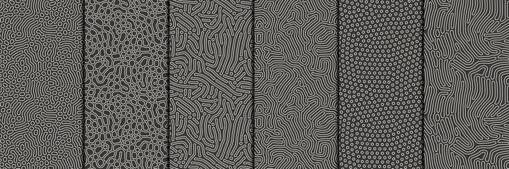 Set of organic seamless patterns with rounded lines, drips. Diffusion reaction background. Linear design with biological shapes. Structure of natural cells, maze, coral. Abstract vector illustration.