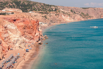 View on the seaside landscape Milos island at Paliochori beach at summer sun