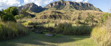 Injisuthi Campsite In Central Drakensberg Panoramas With Drakensberg Mountains In The Background And Campsite In South Africa
