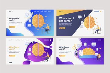 Poster - Collection of workers analyzing efficiency. Flat vector illustrations of brains, devices, infographics. Efficiency concept for banner, website design or landing web page