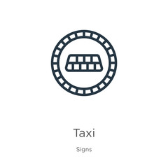 Taxi icon. Thin linear taxi outline icon isolated on white background from signs collection. Line vector sign, symbol for web and mobile