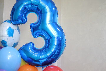 Birthday 3 years., 3 from a blue balloon foil, Elegant blue congratulations on the celebration of the triennial anniversary of number 3