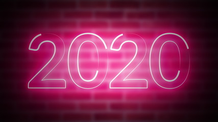 Poster - New Year neon sign 2020 on a background of brickwork, computer generated. 3d rendering of Christmas and New Year Celebration