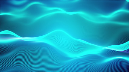Poster - Big data wave of particles, computer generated. Glowing striped effect. 3D rendering of a futuristic background