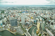 Yokohama, Japan - June 2019:.Landmark Tower View over the skyline of Yokohama and Tokyo Bay on a cloudy summer day taken from the Top of the observation tower